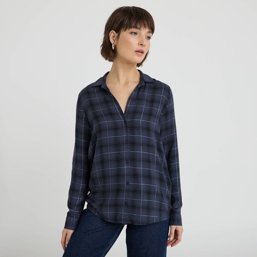 Chemise à carreaux fils métallisés bleu foncé femme