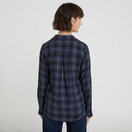 Chemise à carreaux fils métallisés bleu foncé femme