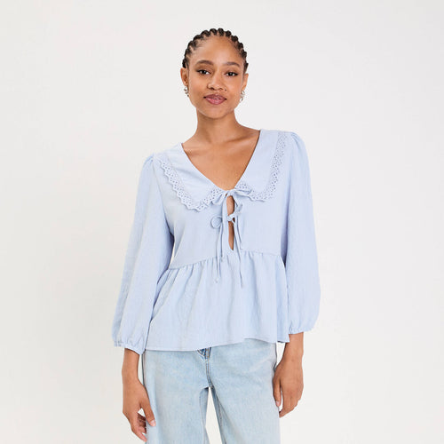 Blouse col claudine denim snow gris femme