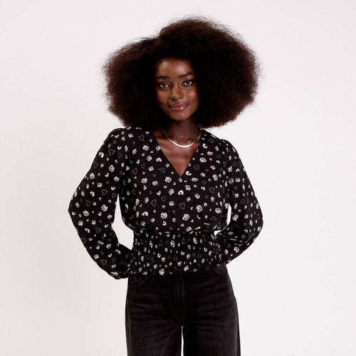Blouse courte taille smockée noir femme
