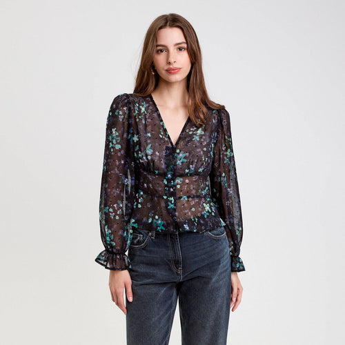 Blouse cintrée courte en voile col V noir femme