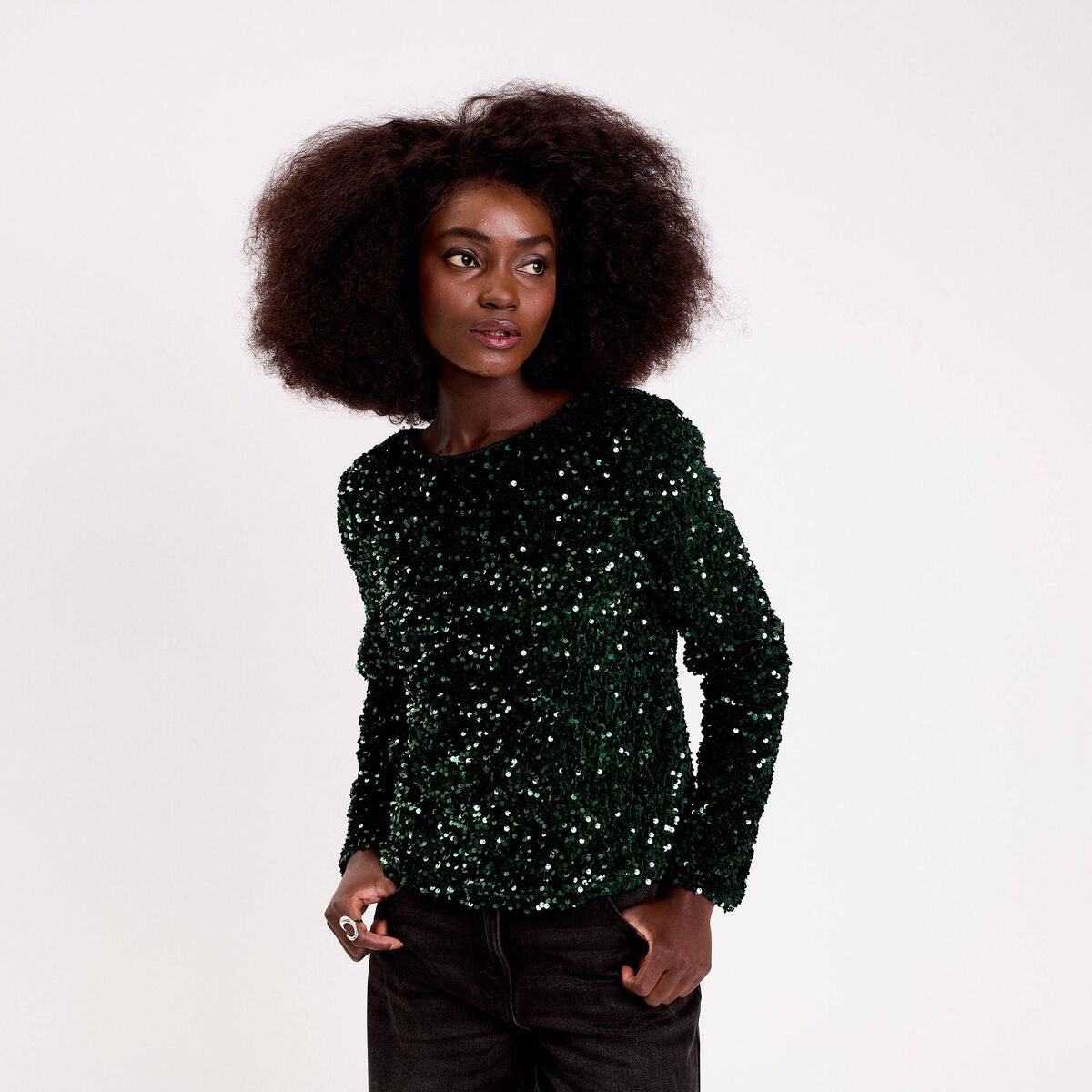Blouse à sequins dos noué vert foncé femme