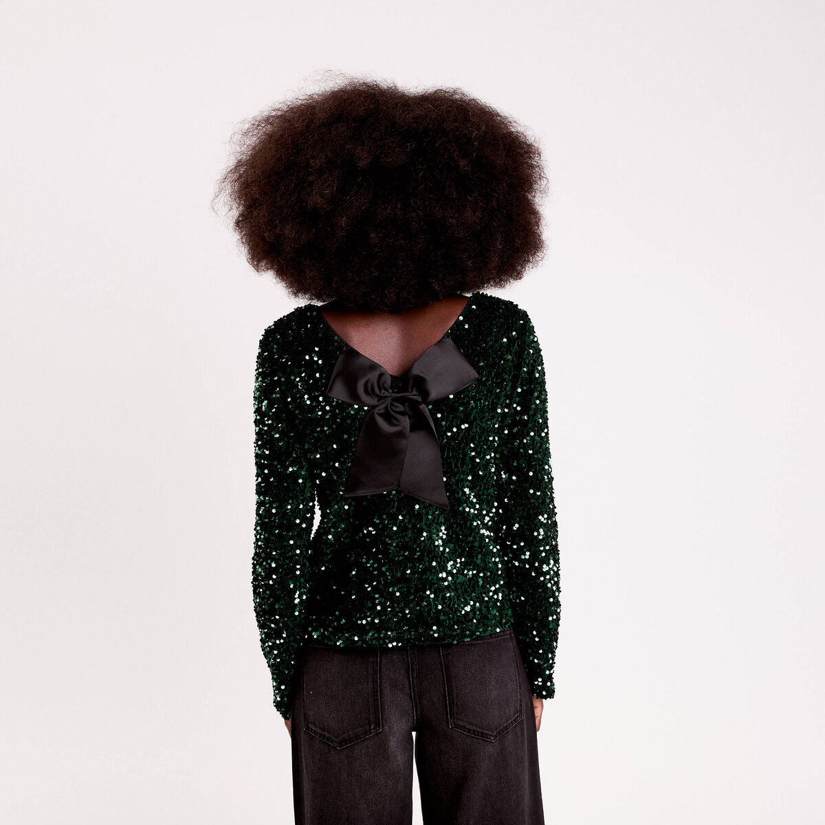 Blouse à sequins dos noué vert foncé femme