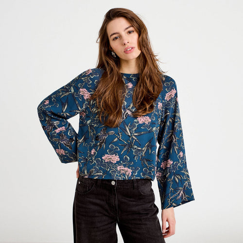 Blouse manches longues encolure bateau bleu pétrole femme