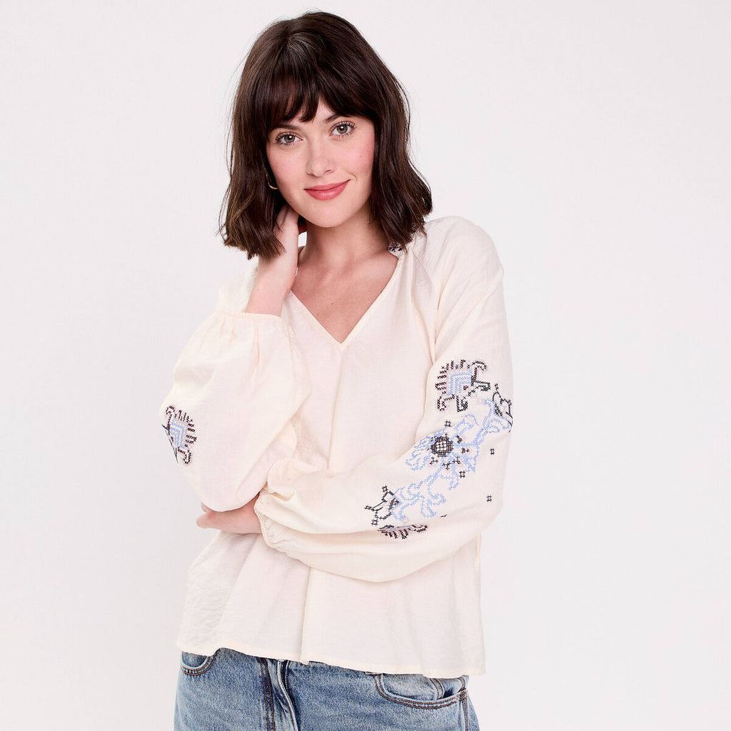 Blouse oversize col v manches longues ecru femme