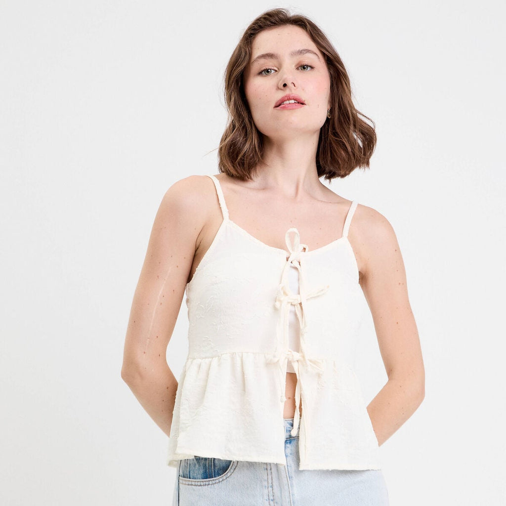 Top droit cropped col v plissé ecru femme