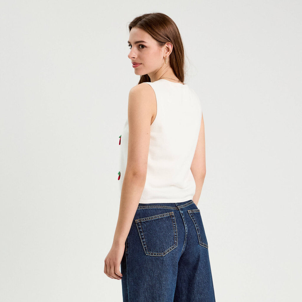 Gilet noué sans manches ecru femme