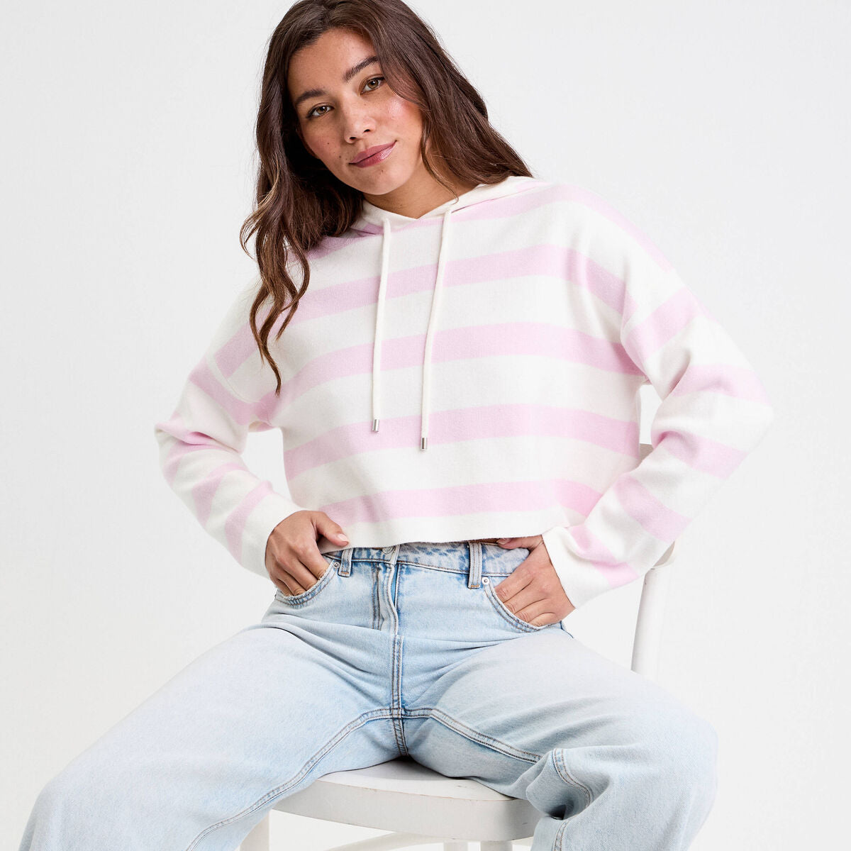 Pull à capuche manches longues rose poudrée femme