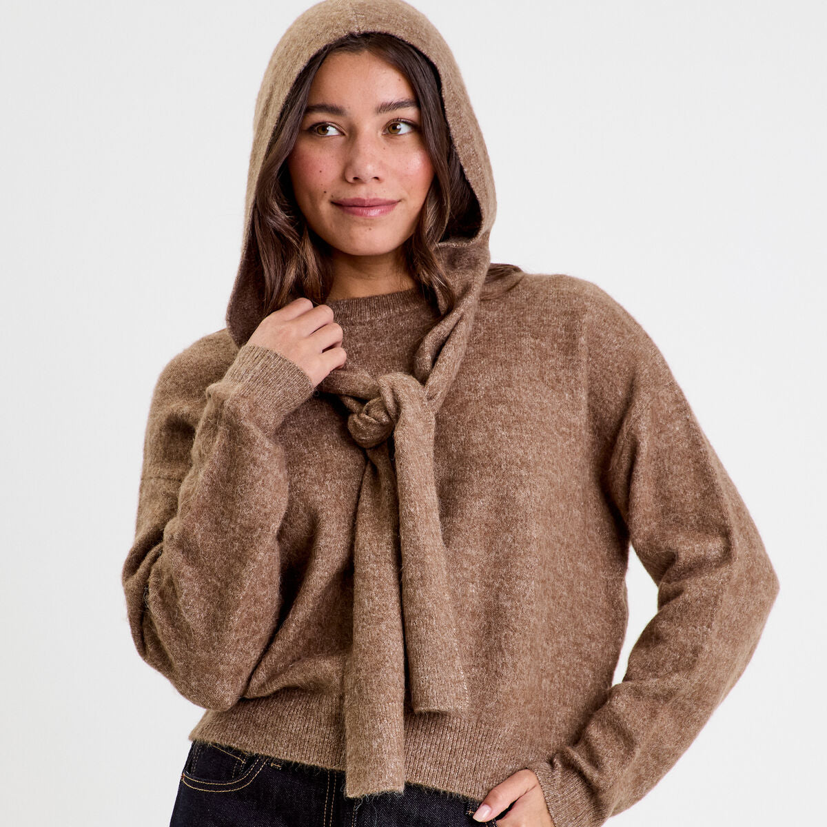 Pull à capuche manches longues marron clair femme