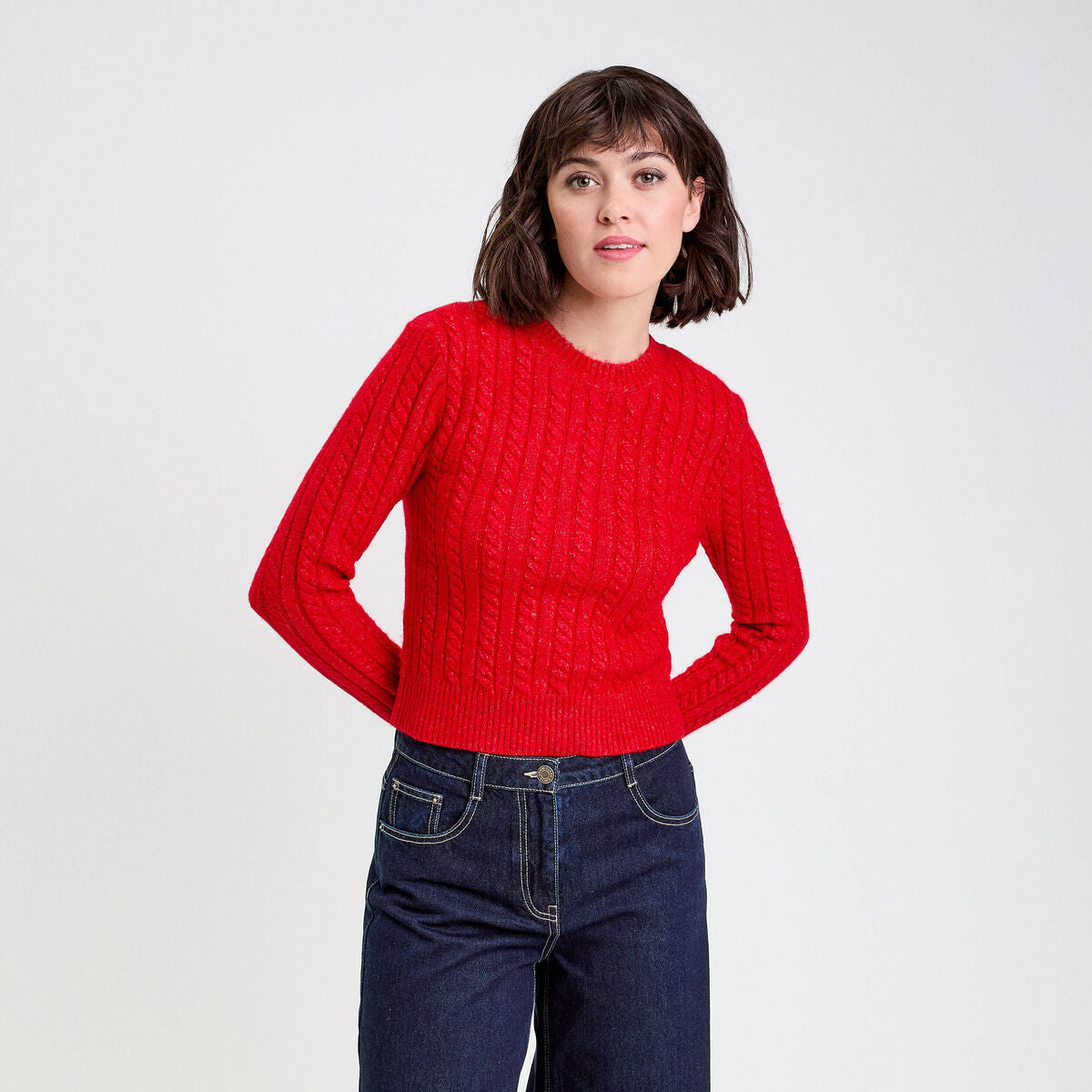 Pull ajusté col rond manches longues rouge femme