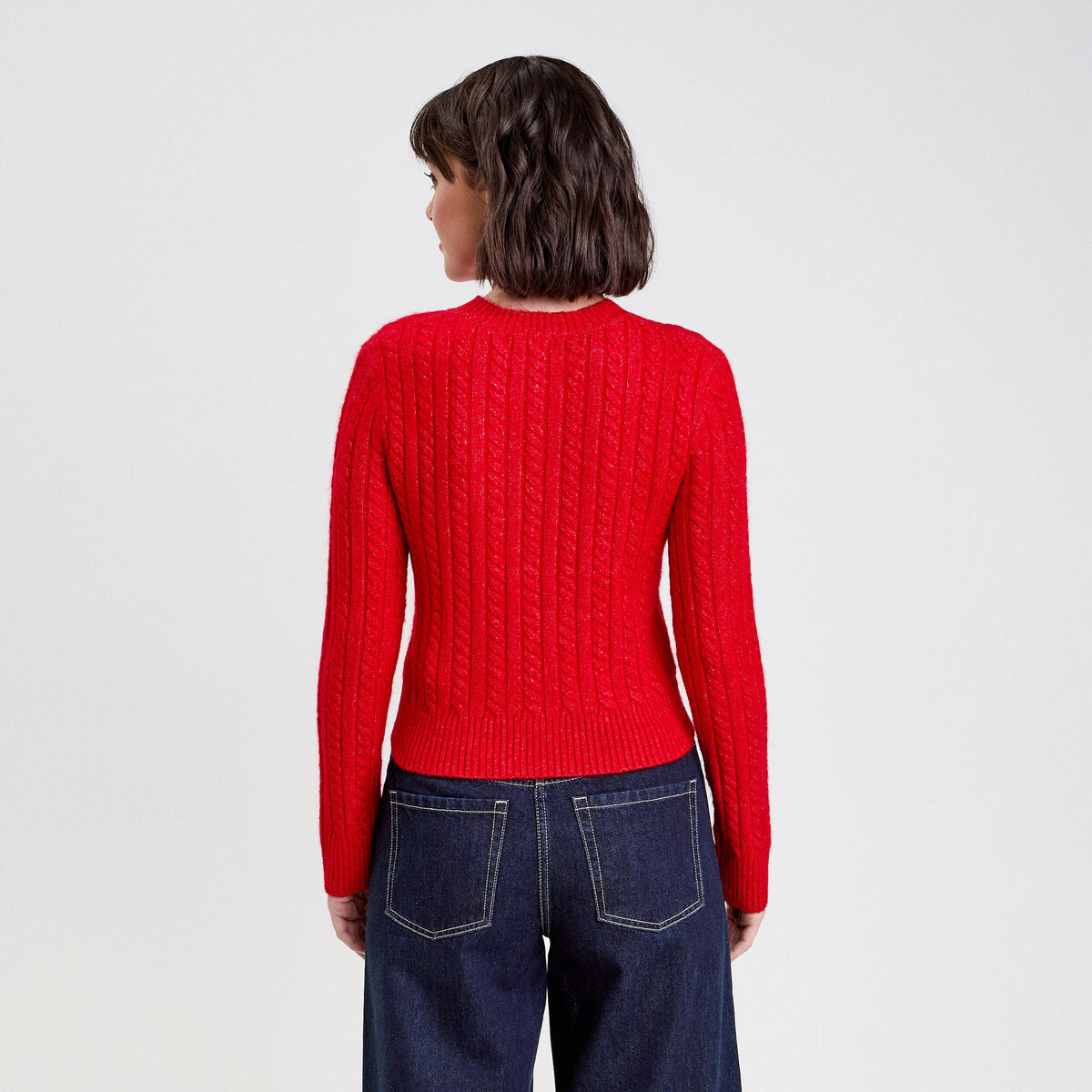 Pull ajusté col rond manches longues rouge femme