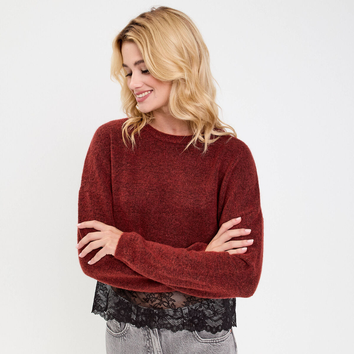 Pull détail dentelle orange foncé femme
