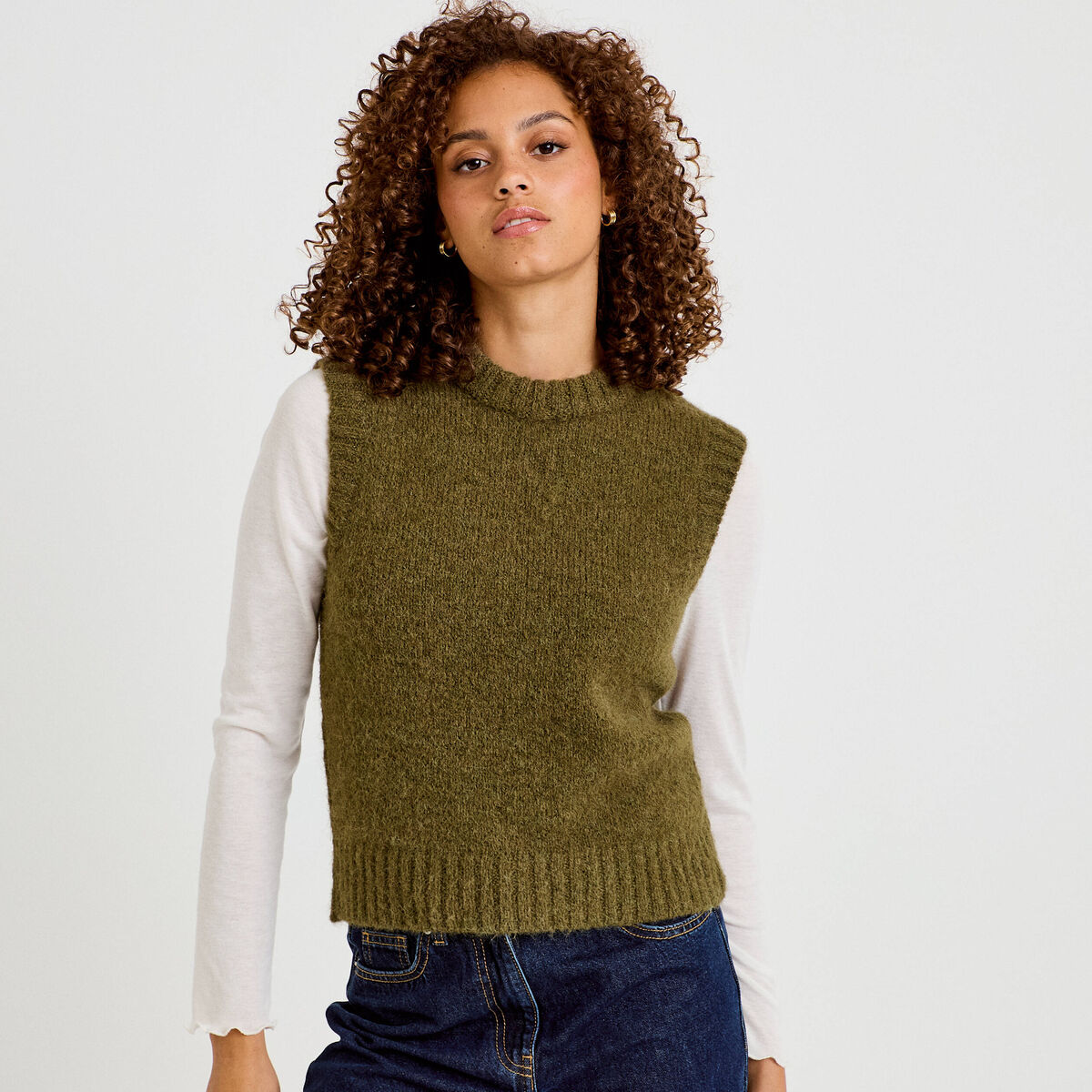 Pull sans manches vert kaki femme
