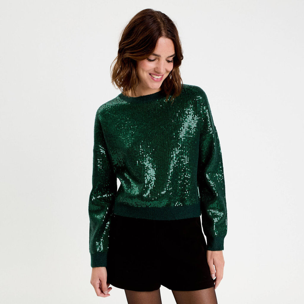 Pull manches longues avec sequins vert foncé femme