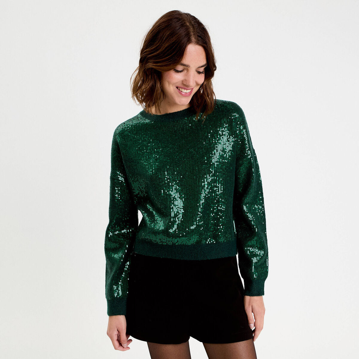 Pull manches longues avec sequins vert foncé femme