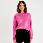 Pull manches longues avec sequins rose fushia femme