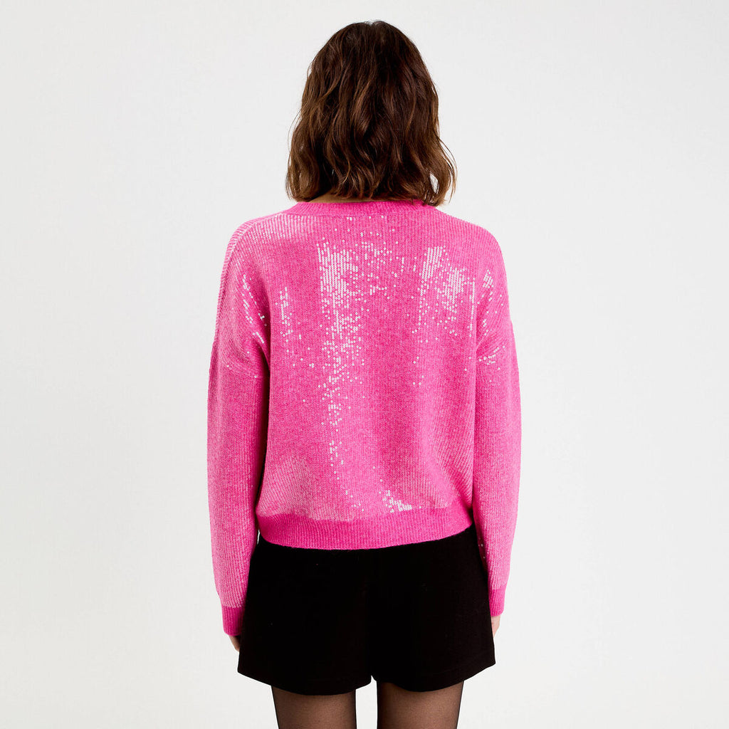 Pull manches longues avec sequins rose fushia femme