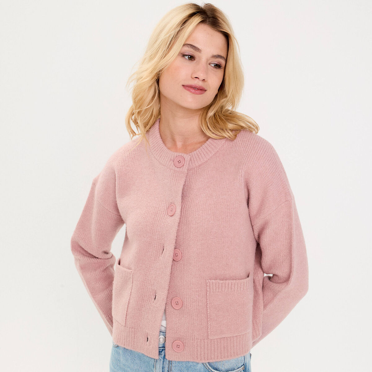 Gilet bouclette col rond manches longues rose poudrée femme