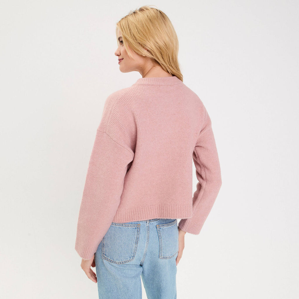 Gilet bouclette col rond manches longues rose poudrée femme
