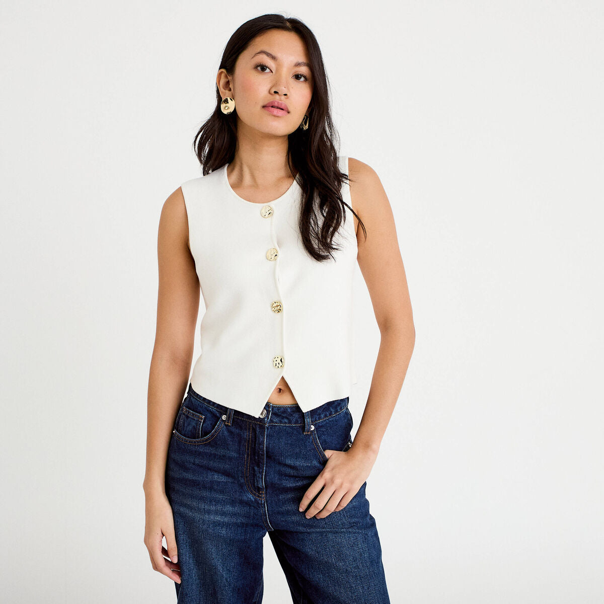 Gilet sans manches cropped ecru femme