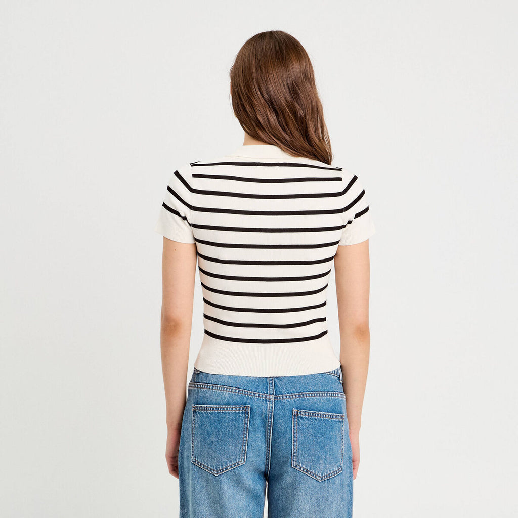 Pull manches courtes col polo blanc femme