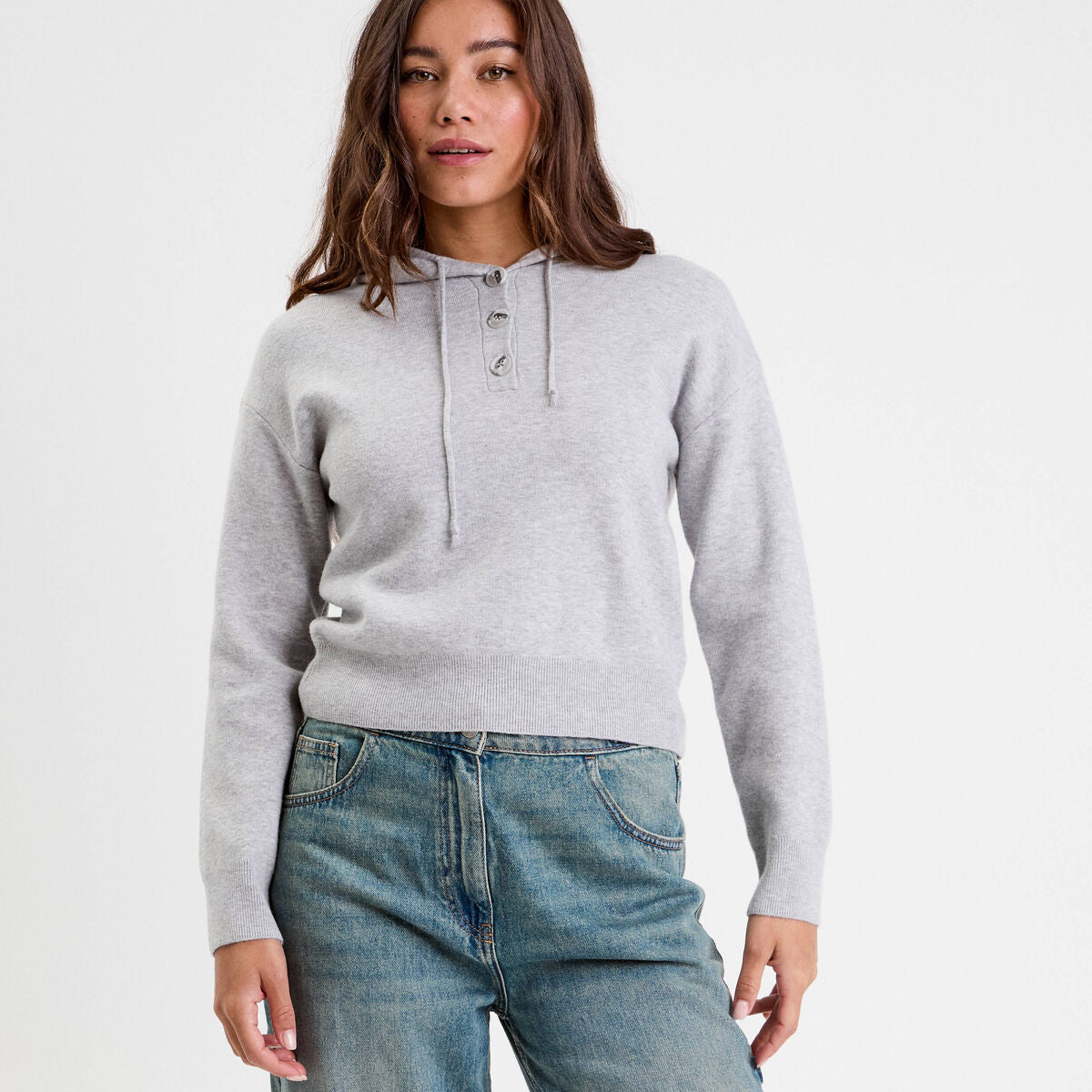 Pull à capuche manches longues gris clair femme