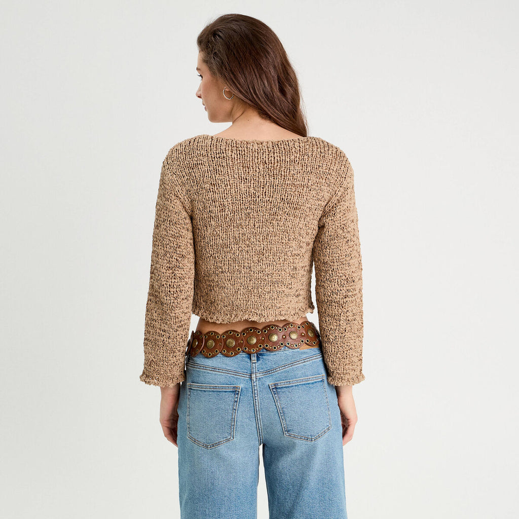 Pull col bateau ajouré beige femme