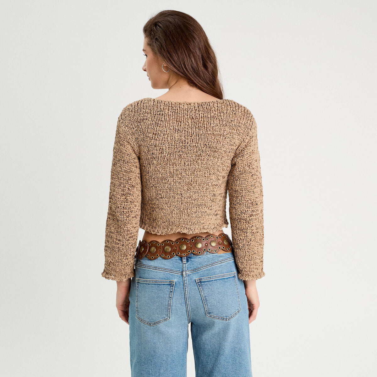 Pull col bateau ajouré beige femme