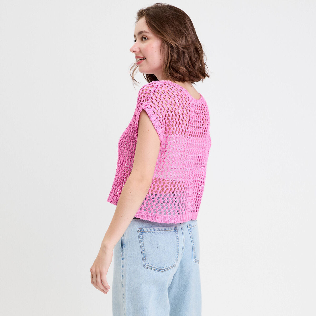 Débardeur ajouré aspect dentelle rose femme