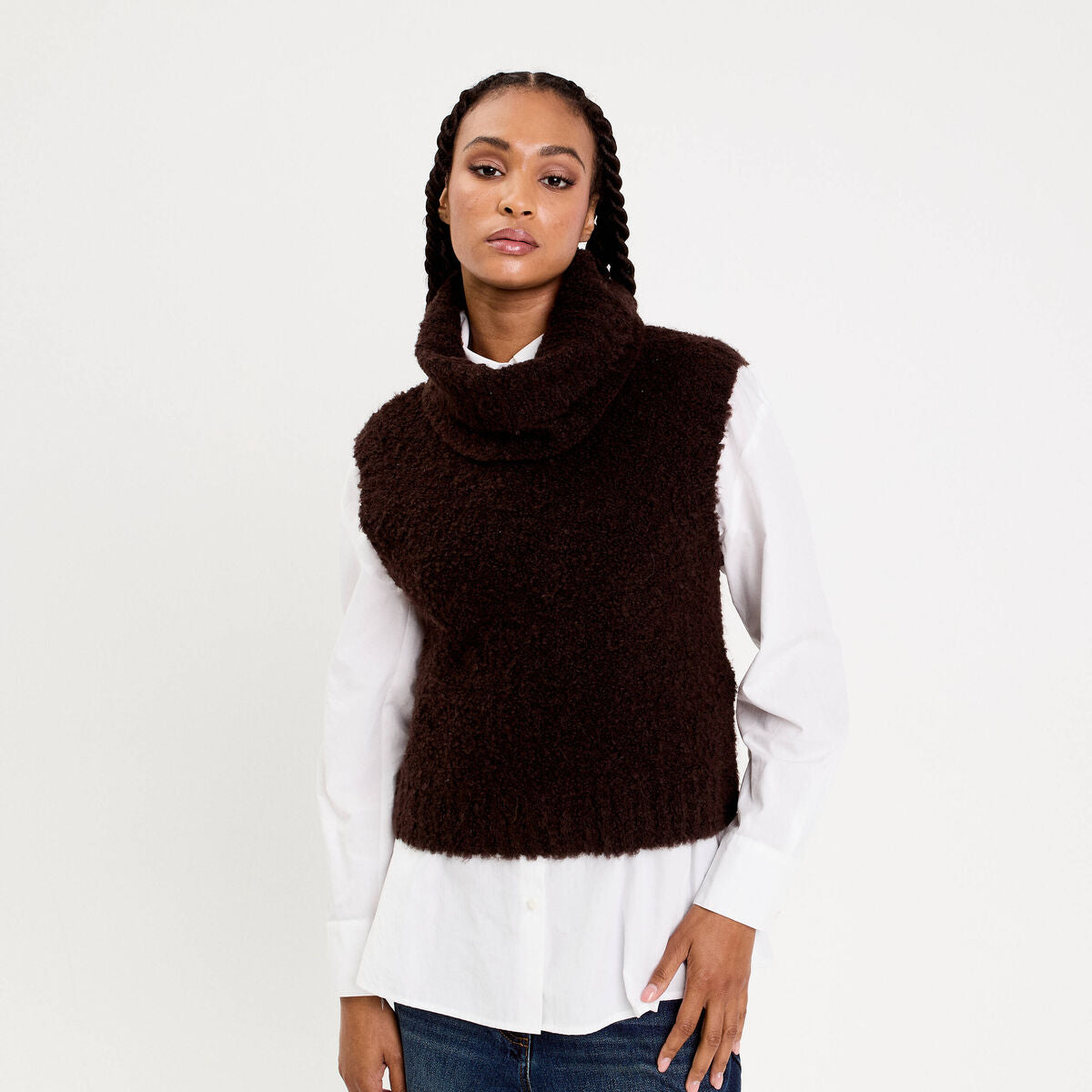Pull 2-en-1 col amovible marron foncé femme