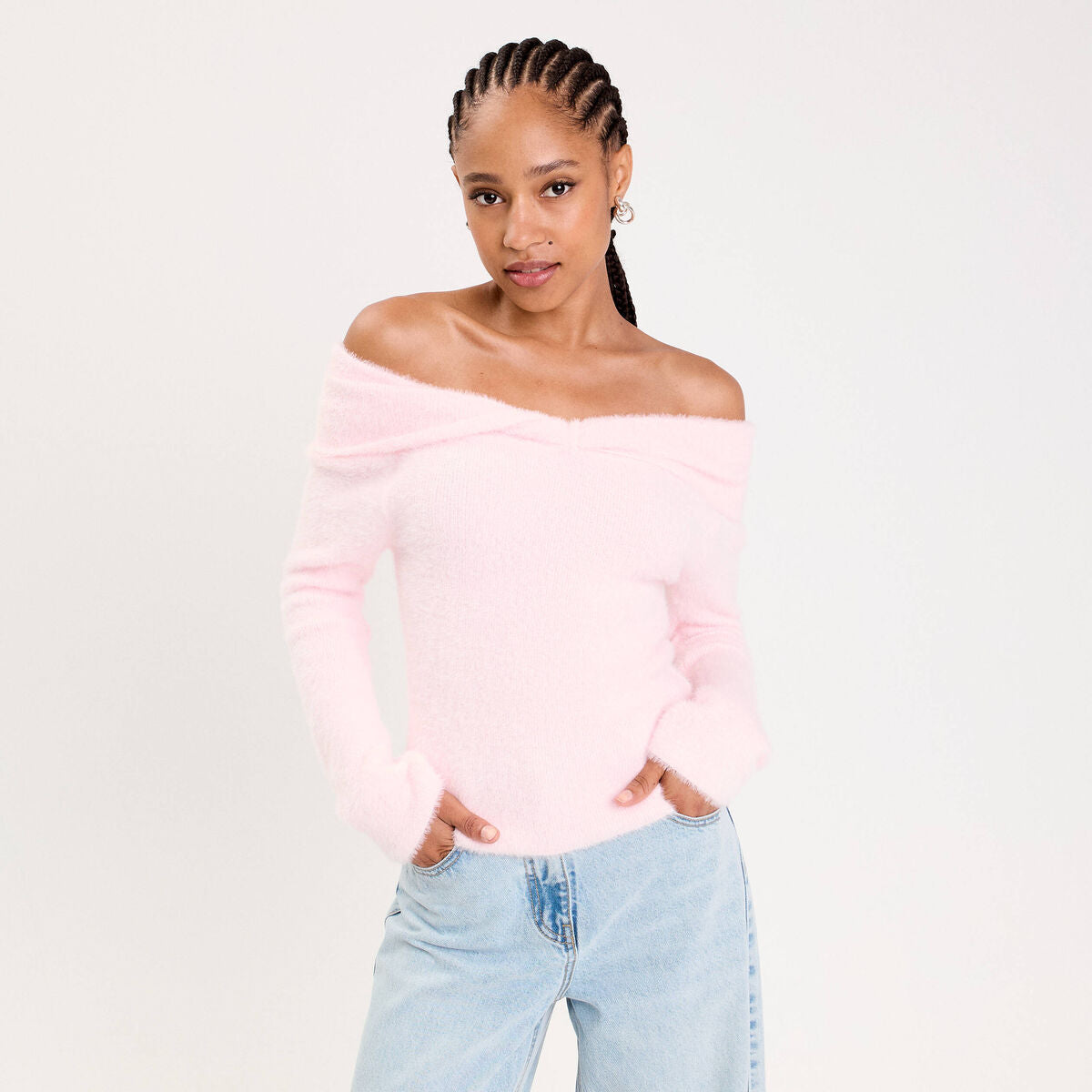 Pull ajusté col bardot manches longues rose clair femme