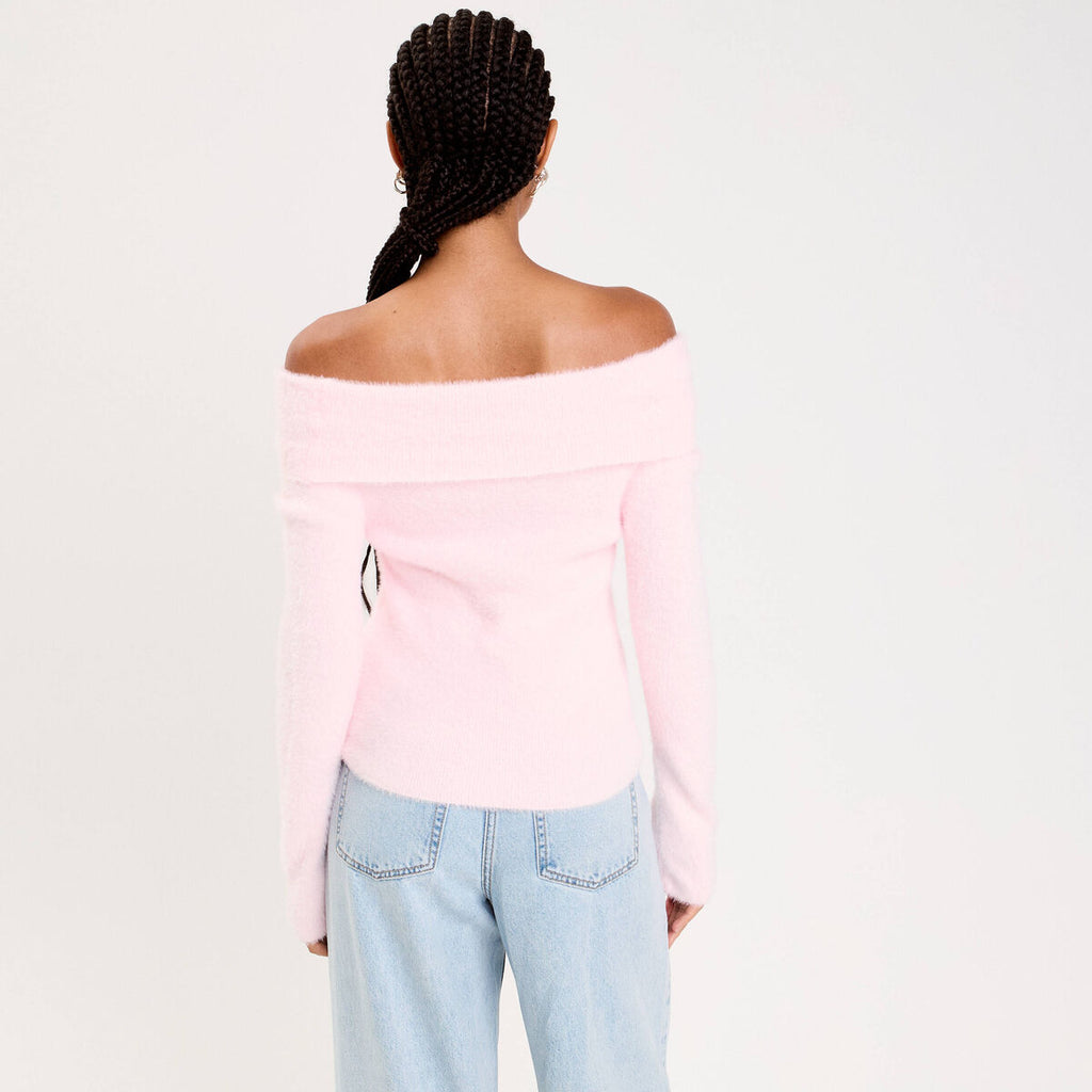 Pull ajusté col bardot manches longues rose clair femme