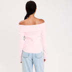 Pull ajusté col bardot manches longues rose clair femme