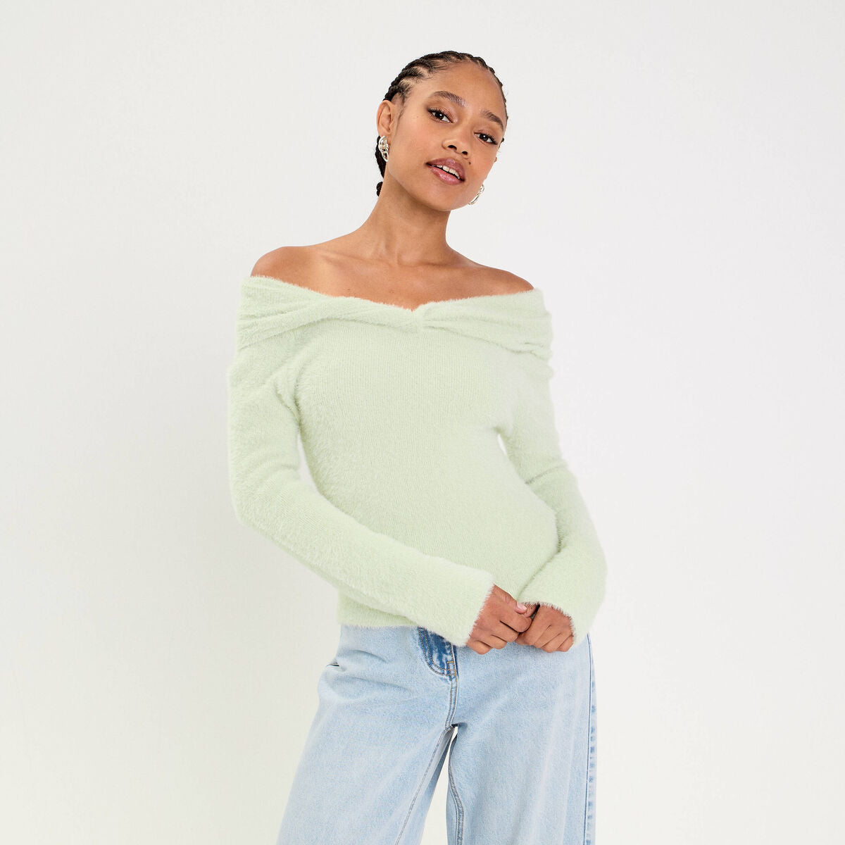 Pull ajusté col bardot manches longues vert pastel femme