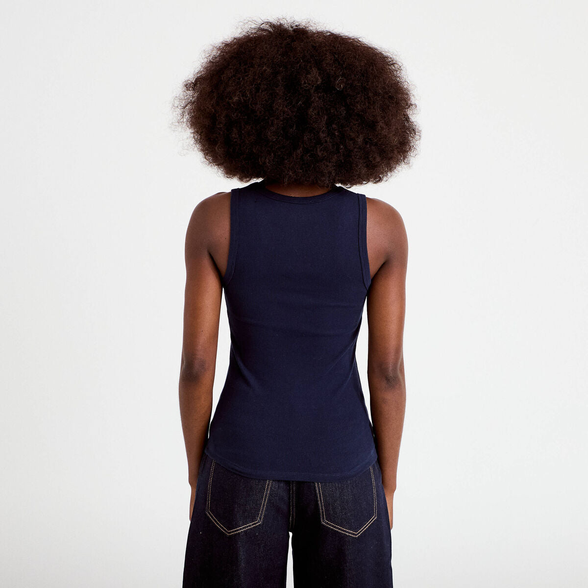 Débardeur côtelé col rond bleu marine femme