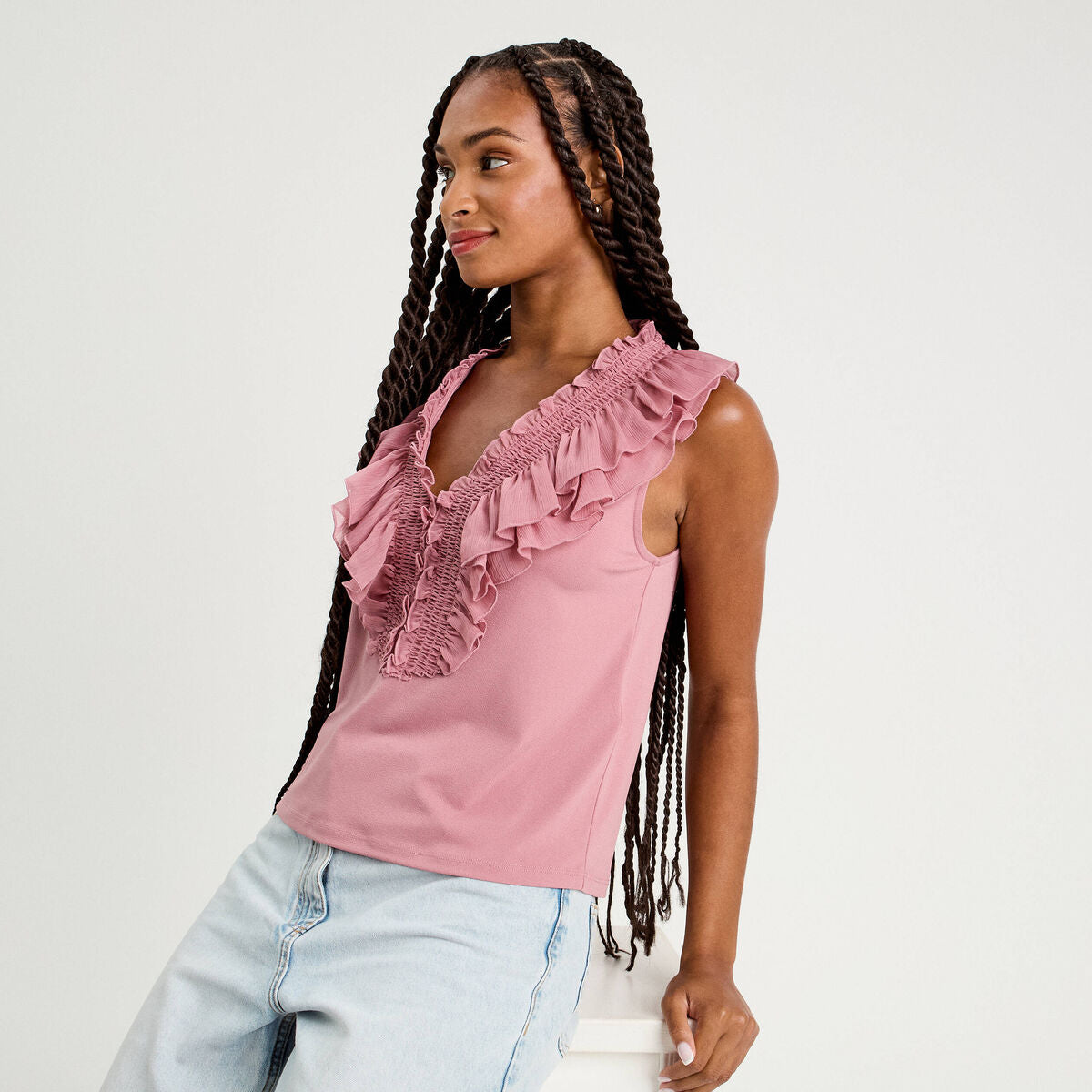 Débardeur sans manches volants vieux rose femme