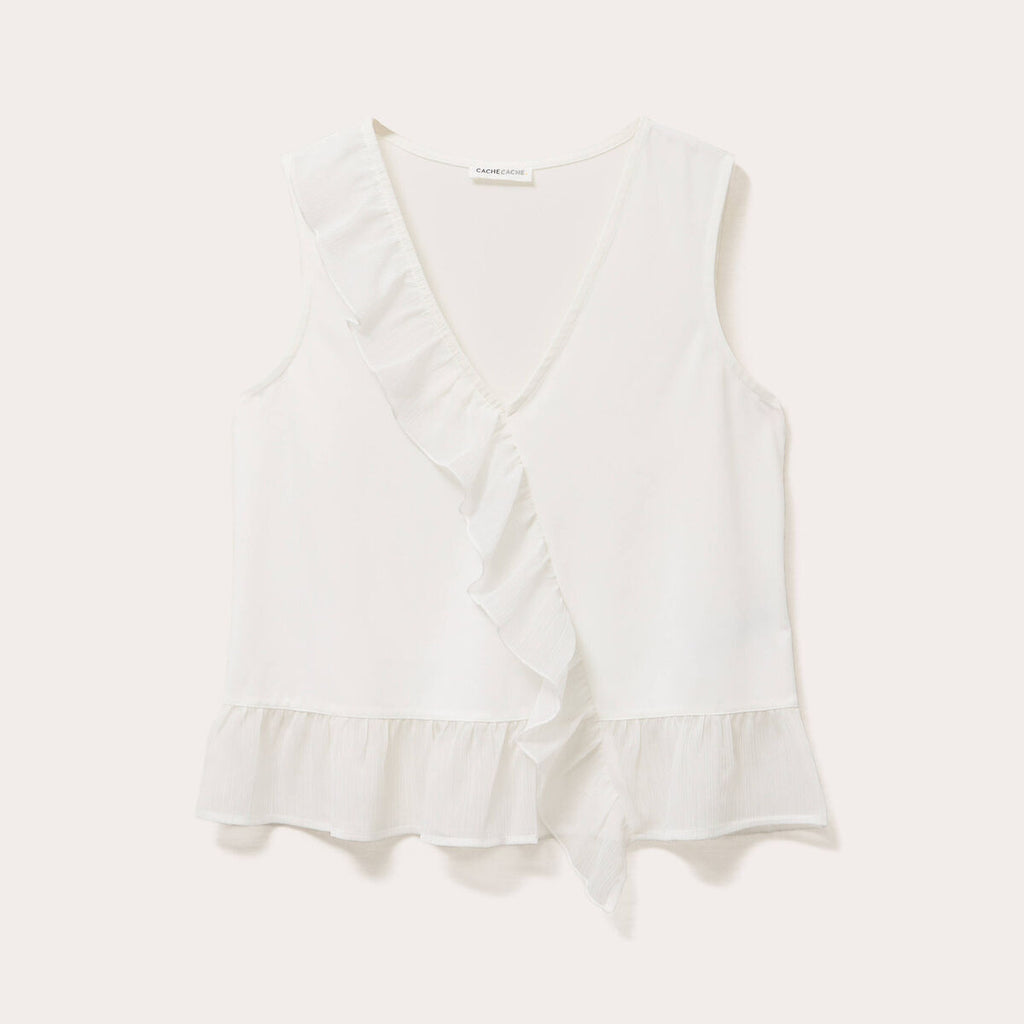 Blouse sans manches volants ecru femme