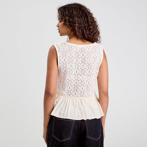 Blouse sans manches dentelle ecru femme