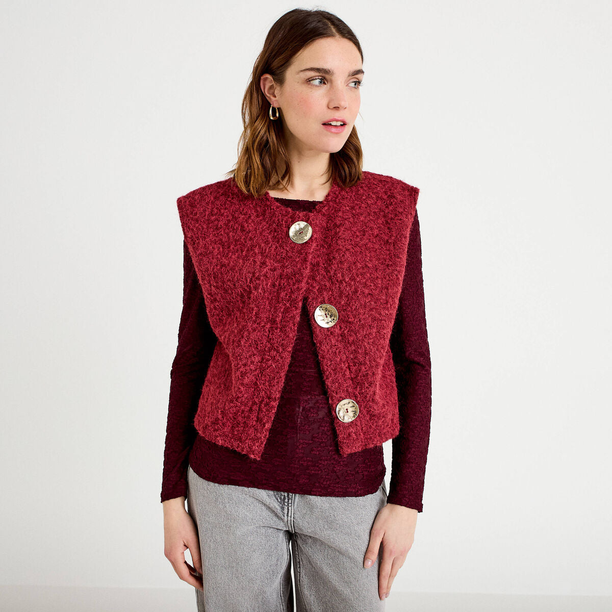 Gilet sans manches effet polaire rouge foncé femme