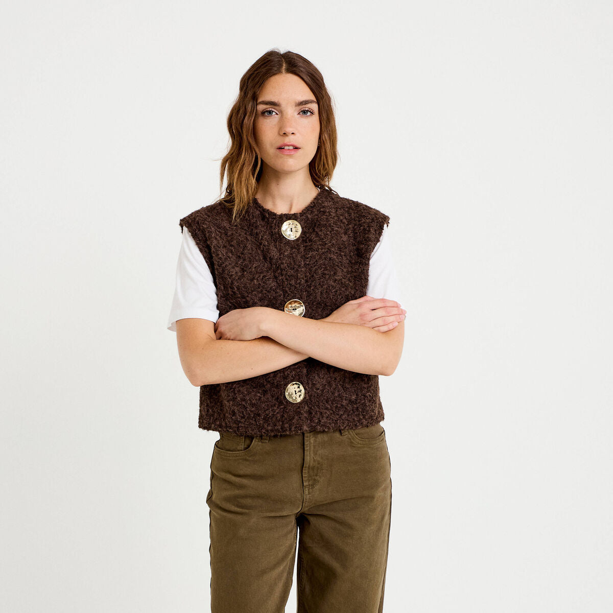 Gilet sans manches effet polaire marron foncé femme