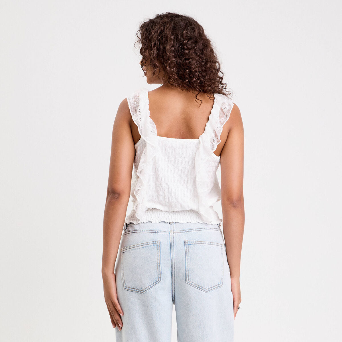 Top sans manches dentelle bas resserré ecru femme