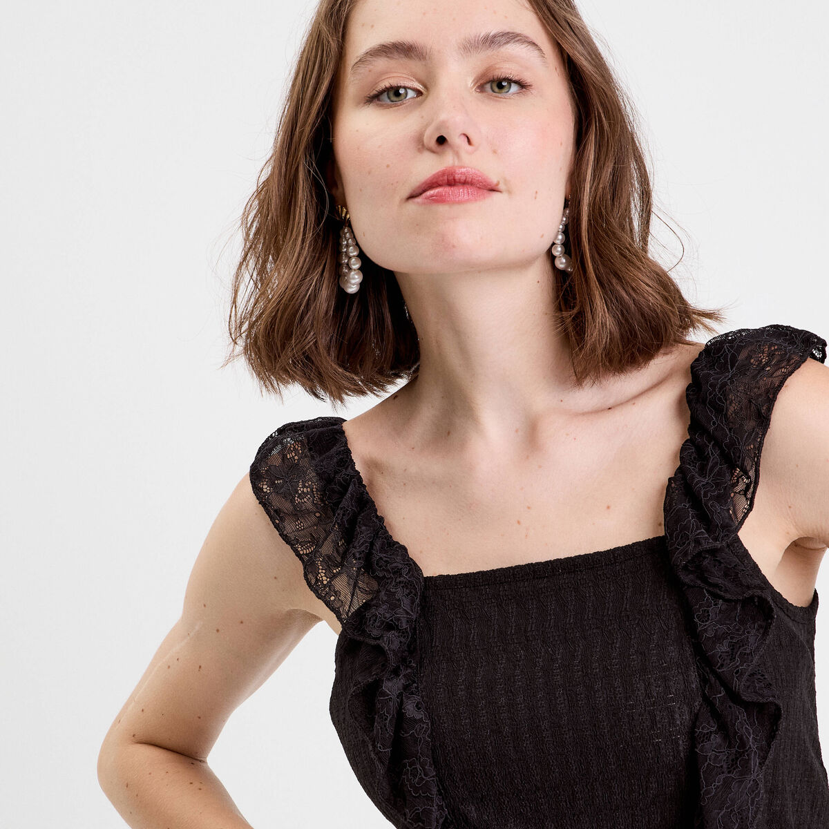 Top sans manches dentelle bas resserré noir femme