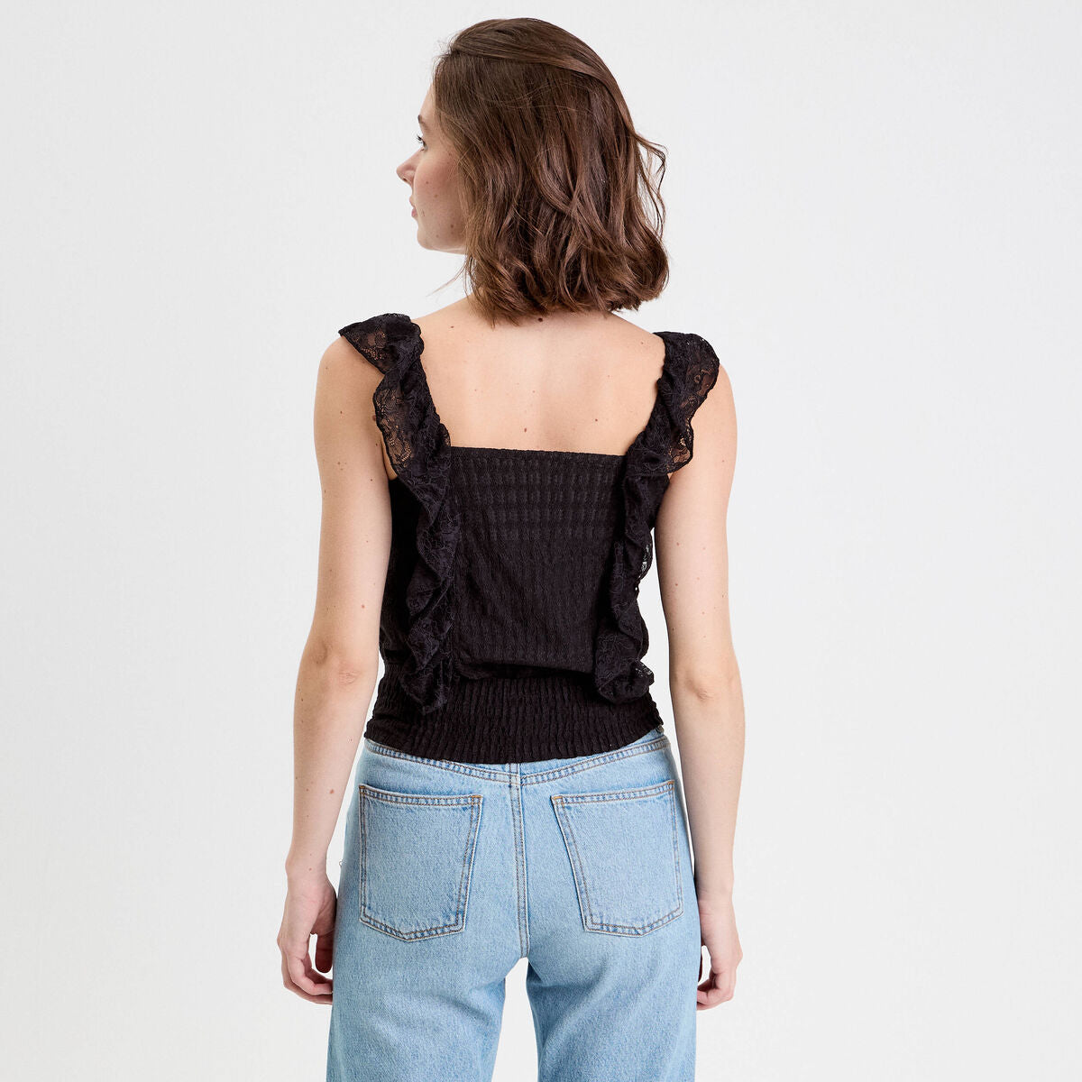 Top sans manches dentelle bas resserré noir femme