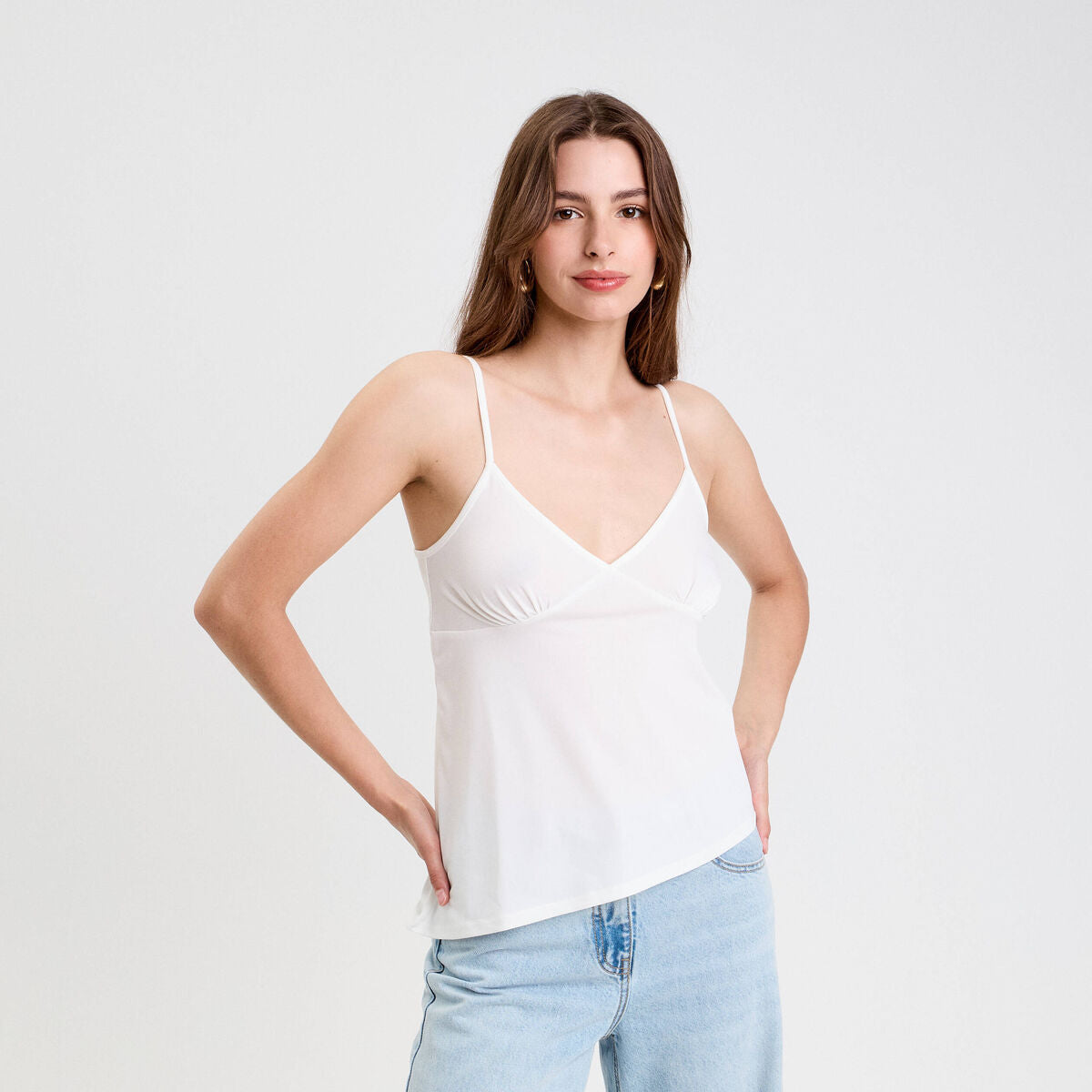 Débardeur asymétrique court col v ecru femme