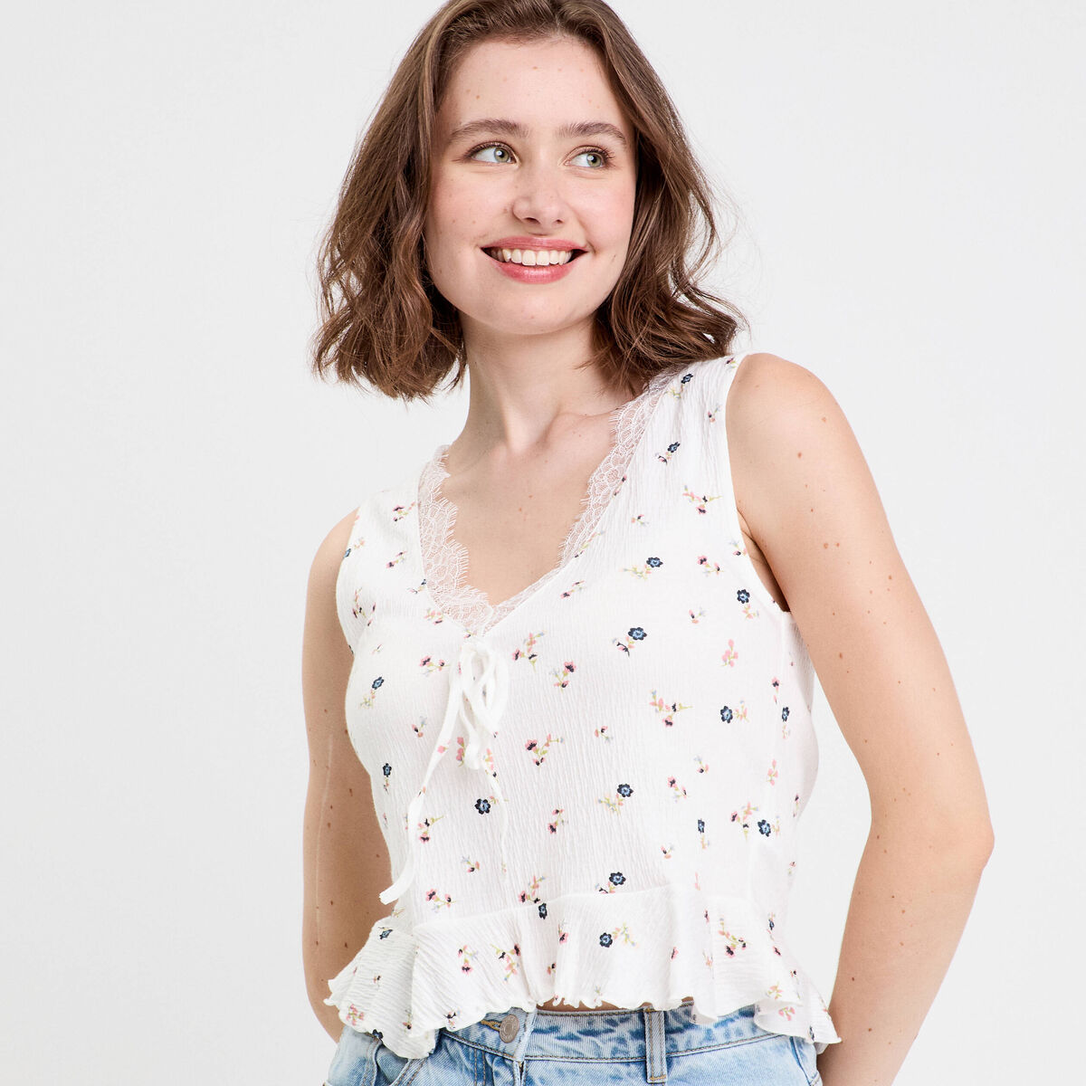Débardeur col V sans manches blanc femme