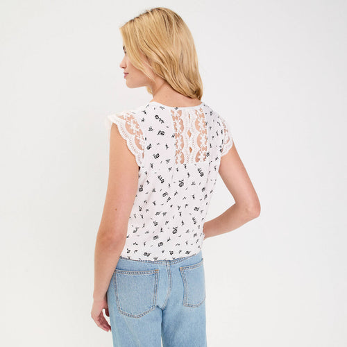 Blouse courte sans manches dentelle blanc femme