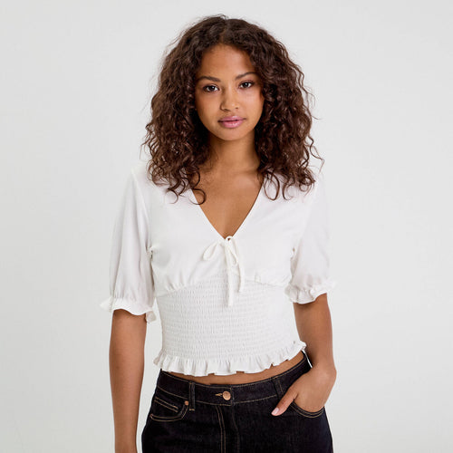 Blouse manches courtes smockée blanc femme
