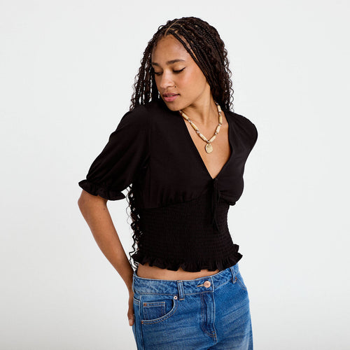 Blouse manches courtes smockée noir femme