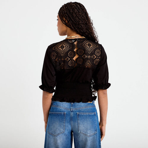 Blouse manches courtes smockée noir femme