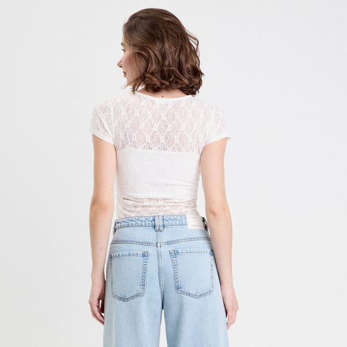 Body ajusté manches courtes dentelle ecru femme